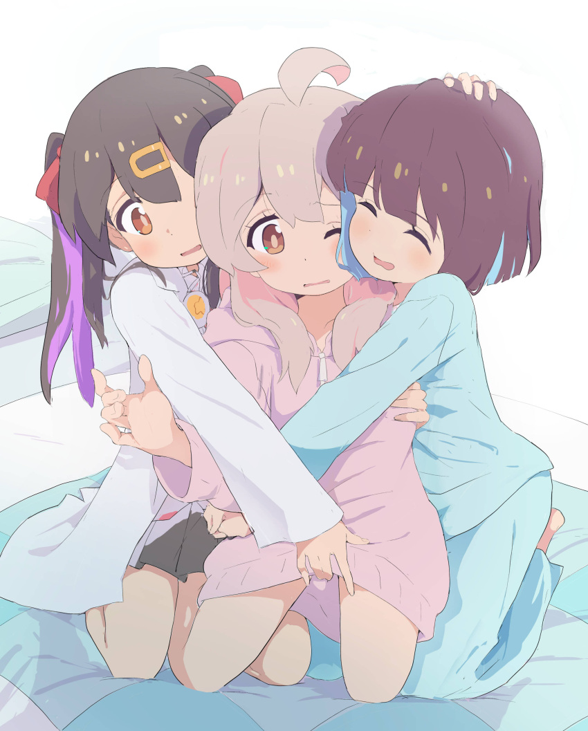 3girls ^_^ absurdres ahoge bare_legs barefoot black_hair black_skirt blunt_bangs blunt_ends blush brown_eyes brown_hair closed_eyes colored_inner_hair commentary futon girl_sandwich grey_hair hair_between_eyes hair_ornament hair_ribbon hairclip hand_on_another's_head highres hozuki_momiji hug labcoat long_hair long_sleeves multicolored_hair multiple_girls murairamuraiari one_eye_closed onii-chan_wa_oshimai! oyama_mahiro oyama_mihari pajamas pillow pink_hair purple_hair red_ribbon ribbon sandwiched short_hair siblings sisters skirt twintails two-tone_hair wince yuri zipper_pull_tab