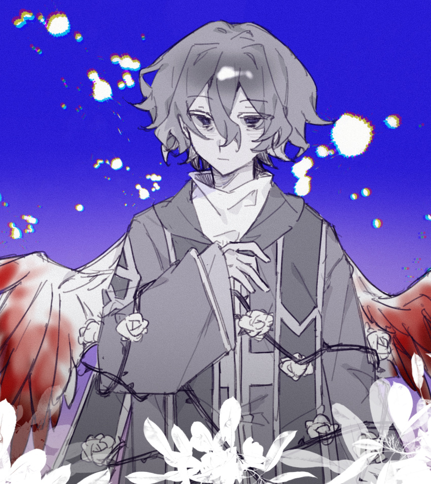 blood bloody_wings blue_background blue_eyes chromatic_aberration closed_mouth feathered_wings film_grain flower hair_between_eyes highres hood hood_down hooded_robe long_sleeves robe rose saibou_shinkyoku shirt short_hair simple_background sketch solo spot_color stole upper_body utsugi_noriyuki white-isotope wide_sleeves wings