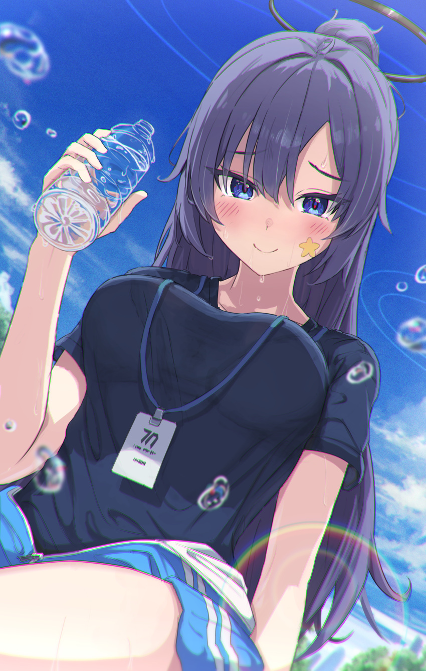 1girl absurdres black_shirt blue_archive blue_eyes blue_jacket blush bottle breasts closed_mouth day facial_mark halo highres holding holding_bottle icetea774 id_card jacket lanyard large_breasts long_hair looking_at_viewer mechanical_halo official_alternate_costume outdoors partially_unzipped ponytail purple_hair shirt short_sleeves smile solo star_(symbol) track_jacket water_drop yuuka_(blue_archive) yuuka_(track)_(blue_archive)
