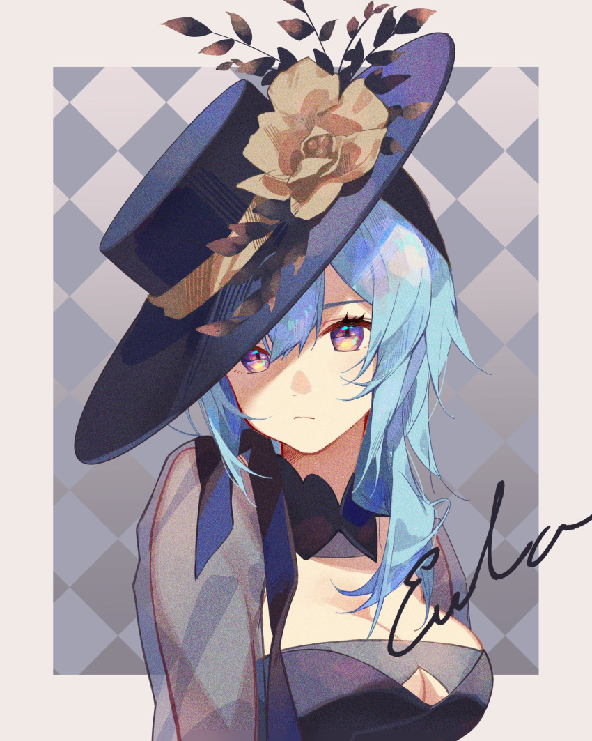 1girl alternate_costume argyle argyle_background black_collar black_headwear blue_hair breasts character_name checkered_background cleavage closed_mouth collar commentary cursive eula_(genshin_impact) fashion flower genshin_impact hat hat_flower highres looking_at_viewer medium_breasts medium_hair multicolored_eyes oriori_0201 purple_eyes rainbow_eyes see-through see-through_sleeves shade sidelocks solo symbol-only_commentary upper_body yellow_background