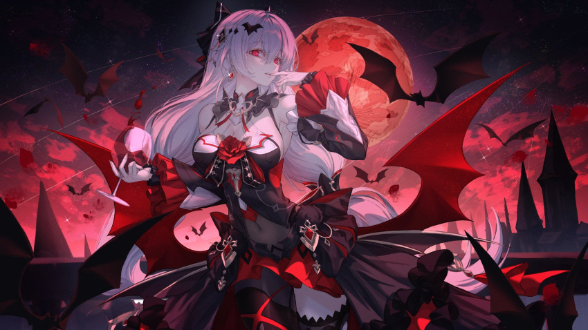 1girl armpits bare_shoulders bat_(animal) bat_wings black_dress castle cup detached_sleeves dress drinking_glass earrings finger_to_mouth highres honkai_(series) honkai_impact_3rd jewelry long_hair looking_at_viewer luna_(honkai_impact) moon neon_(pixiv_31150749) parted_lips red_eyes red_moon sky solo star_(sky) starry_sky theresa_apocalypse theresa_apocalypse_(lunar_vow:_crimson_love) vampire very_long_hair white_hair wine_glass wings