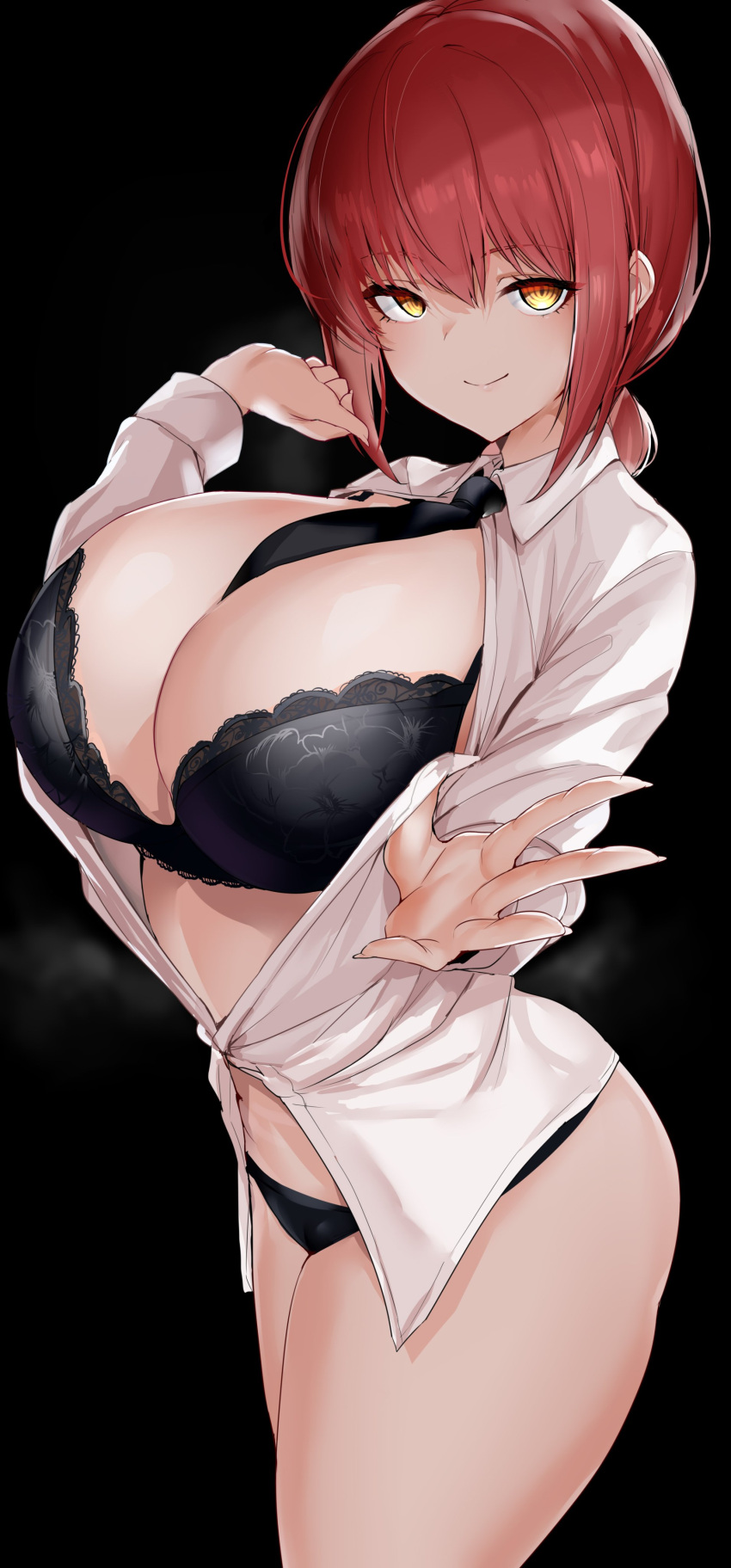 1girl absurdres black_bra black_necktie black_panties bra braid braided_ponytail breasts chainsaw_man cleavage collared_shirt dress_shirt highres lace-trimmed_bra lace_trim large_breasts long_hair long_sleeves looking_at_viewer makima_(chainsaw_man) maruyaa_(malya1006) navel necktie open_clothes open_shirt panties red_hair ringed_eyes shirt sidelocks smile solo thighs underwear white_shirt yellow_eyes