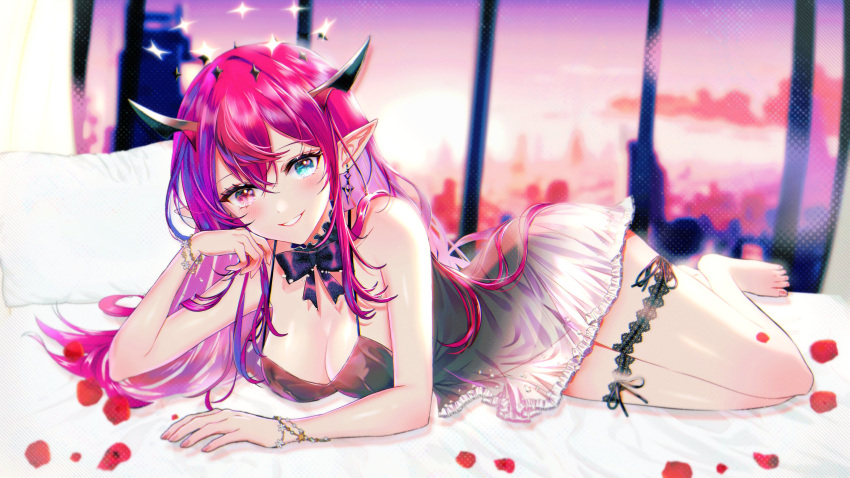 1girl absurdres barefoot bed black_bow black_choker black_dress blush bow bracelet breasts choker cleavage dress earrings hair_behind_ear halo heterochromia highres hololive horns indoors irys_(hololive) jewelry looking_at_viewer lying medium_breasts on_side parted_lips petals pillow pointy_ears smile solo sowon thigh_strap virtual_youtuber window