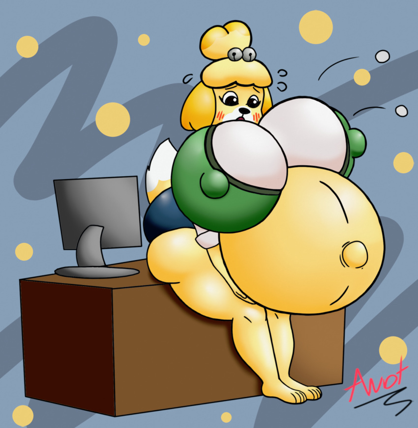 animal_crossing anot anthro big_breasts big_butt black_eyes blue_bottomwear blue_clothing blue_skirt blush bottomwear breasts butt button_pop canid canine canis clothing domestic_dog female green_clothing green_topwear green_vest hand_on_stomach hi_res holding_belly huge_belly huge_breasts huge_butt isabelle_(animal_crossing) mammal monitor navel nintendo nipple_outline outie_navel pregnant pregnant_female shih_tzu sitting sitting_on_desk skirt solo tight_clothing topwear toy_dog vest white_blouse worried yellow_body