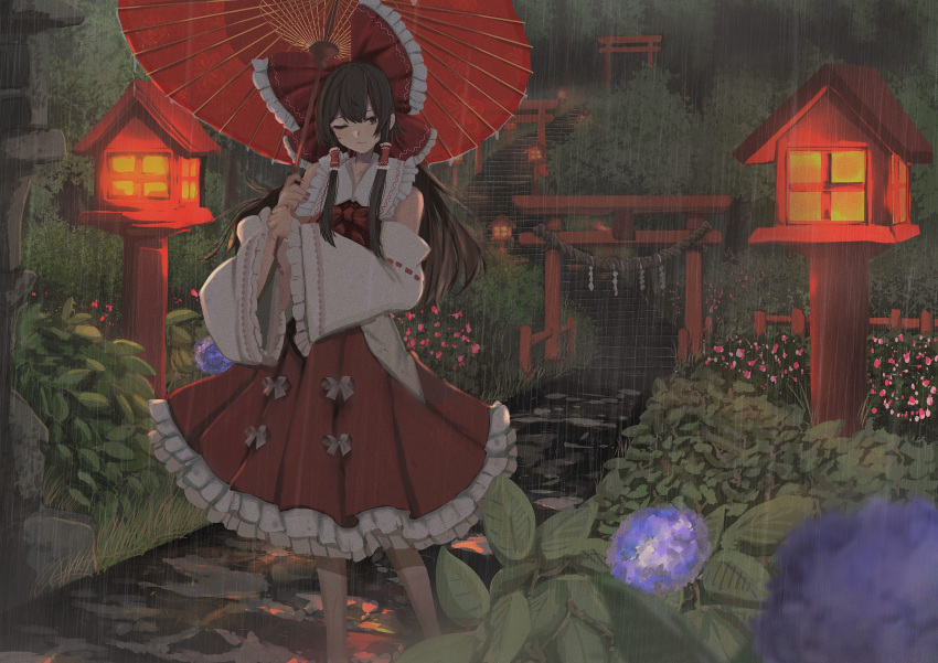 1girl absurdres bow brown_eyes brown_hair detached_sleeves dress flower hair_bow hakurei_reimu highres holding holding_umbrella leaf mesuosushi multiple_torii nontraditional_miko rain red_bow red_dress red_umbrella solo torii touhou umbrella white_sleeves