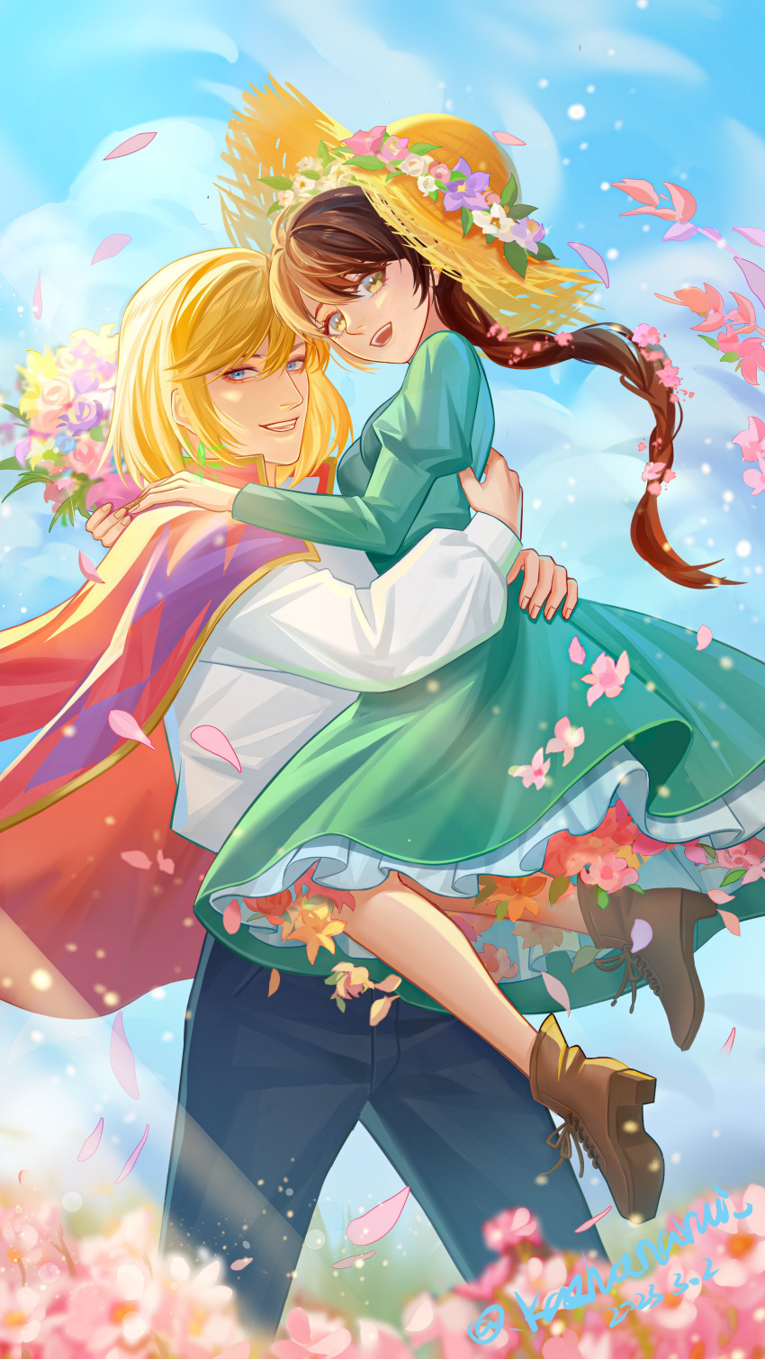 1boy 1girl absurdres blonde_hair blue_eyes blue_sky bouquet braid brown_hair cape couple cowboy_shot dress frilled_dress frills full_body green_dress hand_on_another's_shoulder hat head_wreath highres holding holding_bouquet howl_(howl_no_ugoku_shiro) howl_no_ugoku_shiro hug laomengfen long_hair long_sleeves looking_at_viewer medium_hair open_mouth puffy_sleeves red_cape shirt signature sky smile sophie_(howl_no_ugoku_shiro) straw_hat studio_ghibli sun_hat teeth too_many_flowers white_shirt yellow_eyes