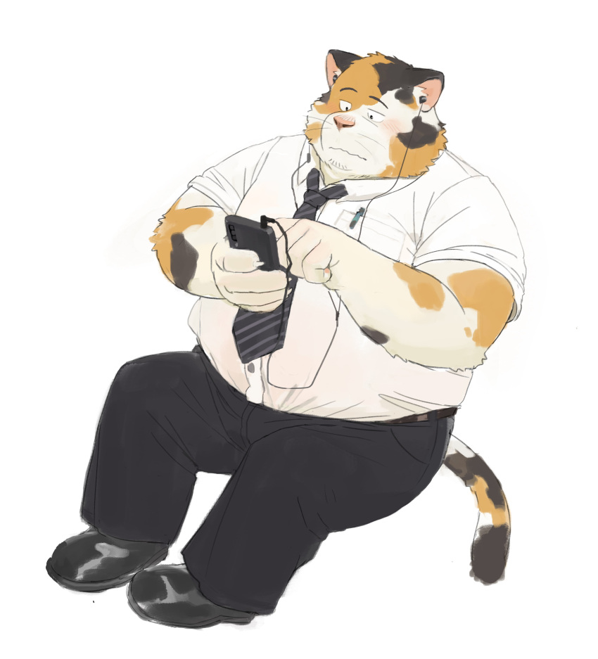 2023 absurd_res anthro bottomwear cellphone clothing domestic_cat felid feline felis headphones hi_res huynhduyad14 kemono male mammal necktie overweight overweight_male pants phone shirt simple_background sitting smartphone solo topwear white_background