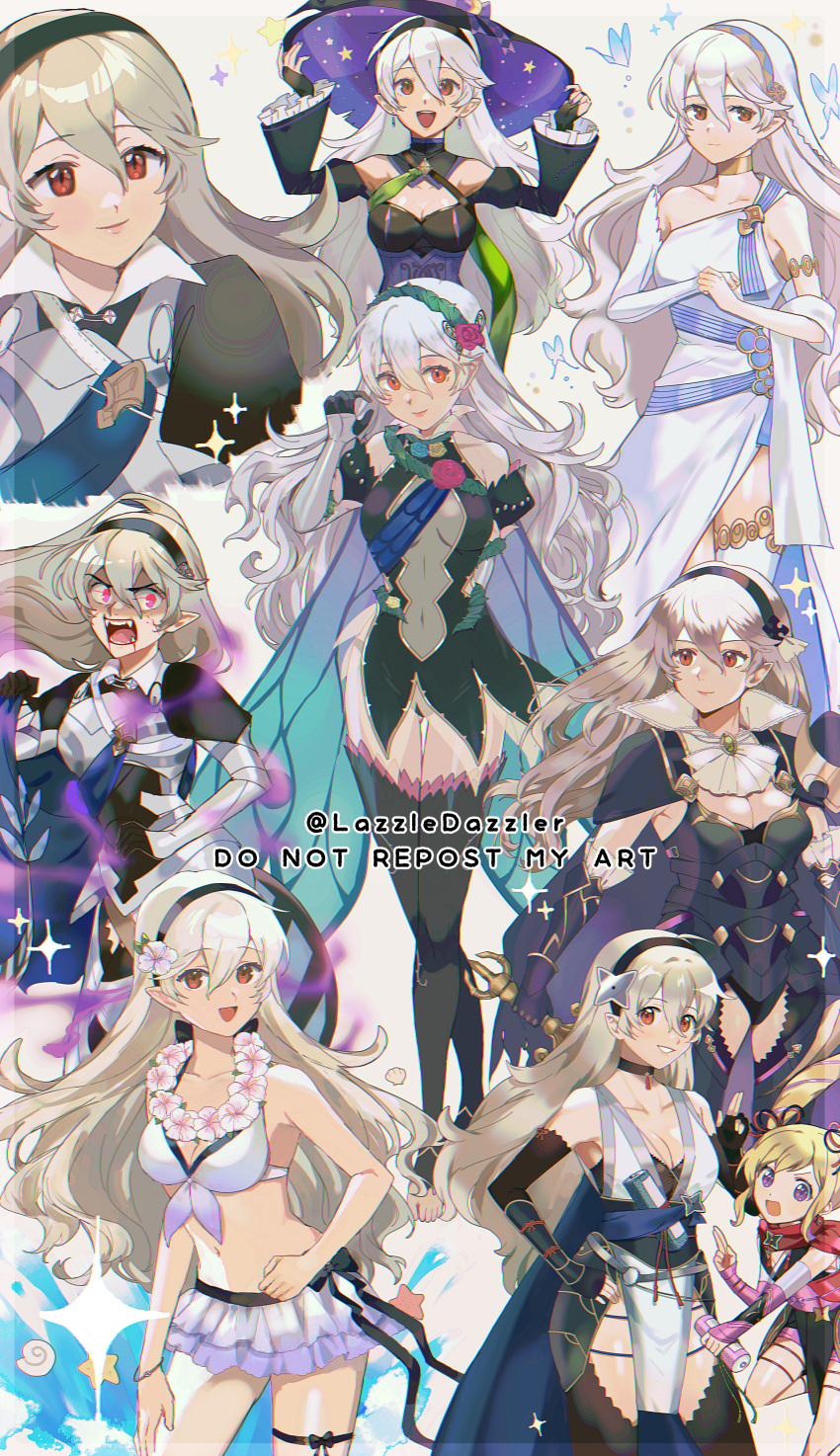 absurdres angry aura bikini bikini_skirt blonde_hair breasts cape cleavage corrin_(female)_(adrift)_(fire_emblem) corrin_(female)_(fire_emblem) corrin_(female)_(halloween)_(fire_emblem) corrin_(female)_(ninja)_(fire_emblem) corrin_(female)_(resplendent)_(fire_emblem) corrin_(female)_(summer)_(fire_emblem) corrin_(fire_emblem) elise_(fire_emblem) elise_(ninja)_(fire_emblem) fangs fire_emblem fire_emblem_fates fire_emblem_heroes flower flower_necklace glowing glowing_eyes grey_hair hair_flower hair_ornament hairband hat highres long_hair multiple_persona official_alternate_costume pointy_ears pomme_(lazzledazzle) red_eyes smile swimsuit thighhighs very_long_hair water witch_hat