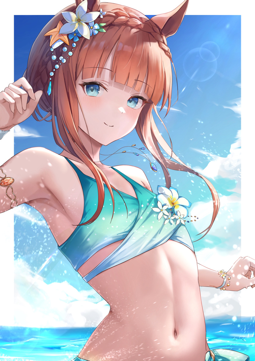 1girl absurdres amanun animal_ears armlet bead_bracelet beads bikini blue_eyes blue_sky blush border bracelet braid breasts closed_mouth cloud cloudy_sky commentary_request crown_braid gradient_swimsuit highres horse_ears horse_girl jewelry looking_at_viewer medium_hair navel ocean official_alternate_costume official_alternate_hairstyle silence_suzuka_(emerald_on_the_waves)_(umamusume) silence_suzuka_(umamusume) sky small_breasts smile solo summer's_sunlight_fades_to_blue_(umamusume) swimsuit umamusume upper_body wet white_border