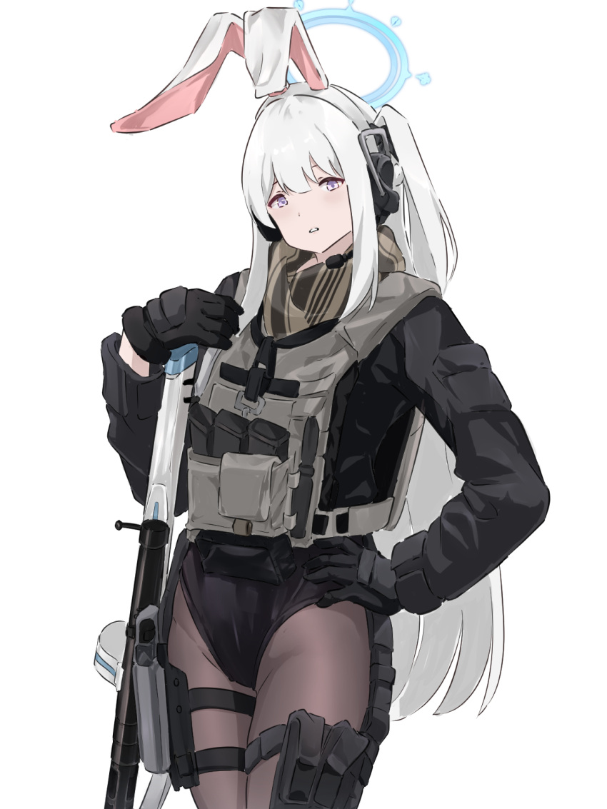 1girl animal_ears black_corset black_gloves black_jacket black_pantyhose blue_archive character_request corset fake_animal_ears gloves gun hand_on_own_hip highres jacket long_hair looking_at_viewer mutugorou_u pantyhose playboy_bunny purple_eyes rifle solo very_long_hair weapon white_background white_hair