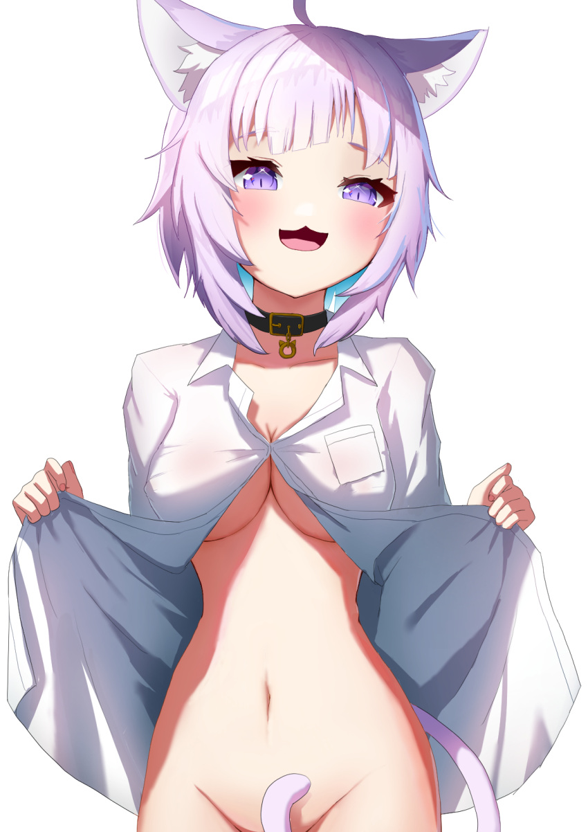 1girl :3 :d ahoge animal_collar animal_ear_fluff animal_ears belt_collar black_collar blue_hair blush breasts cat_ears cat_girl cat_tail censored cleavage clothes_lift collar highres hololive large_breasts lifted_by_self looking_at_viewer medium_hair multicolored_hair naked_shirt navel nekomata_okayu open_mouth purple_eyes purple_hair shirt shirt_lift shoreen54 smile solo tail tail_censor two-tone_hair virtual_youtuber white_shirt