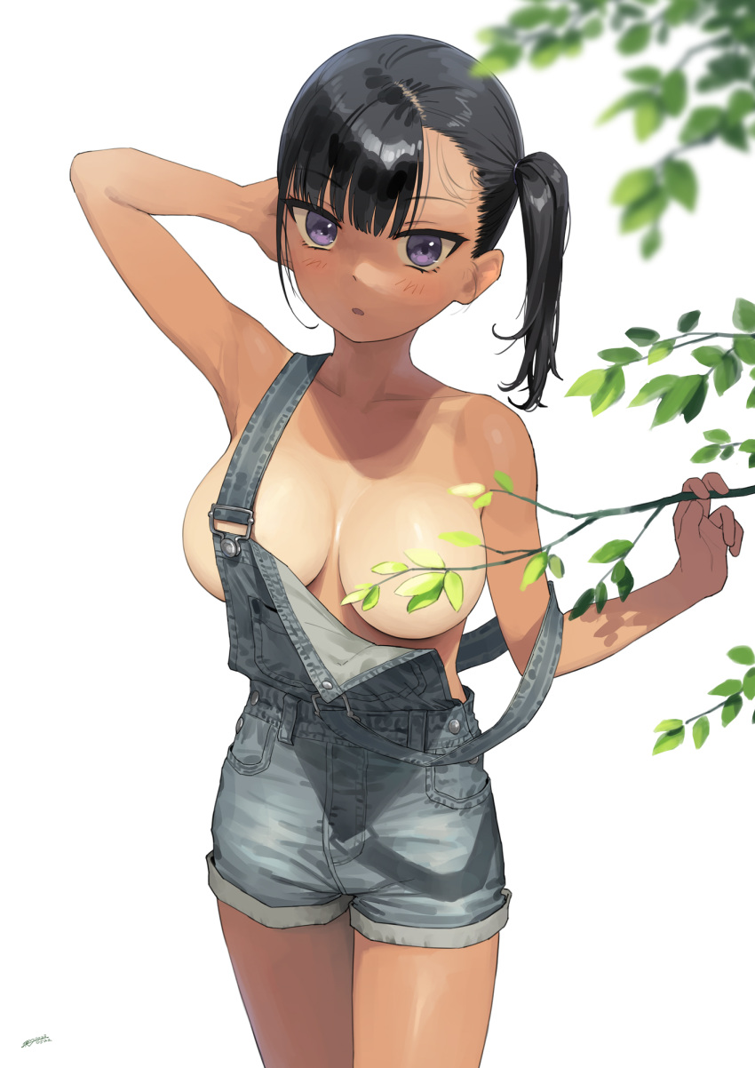 1girl arm_behind_head bare_shoulders black_hair blush breasts collarbone commentary_request convenient_censoring gaki_kyonyuu grey_overalls highres kaedeko_(kaedelic) large_breasts looking_at_viewer off_shoulder one-piece_tan overalls parted_lips purple_eyes sasaki_miyuki_(kaedeko) short_hair side_ponytail simple_background solo standing tan tanlines thighs white_background