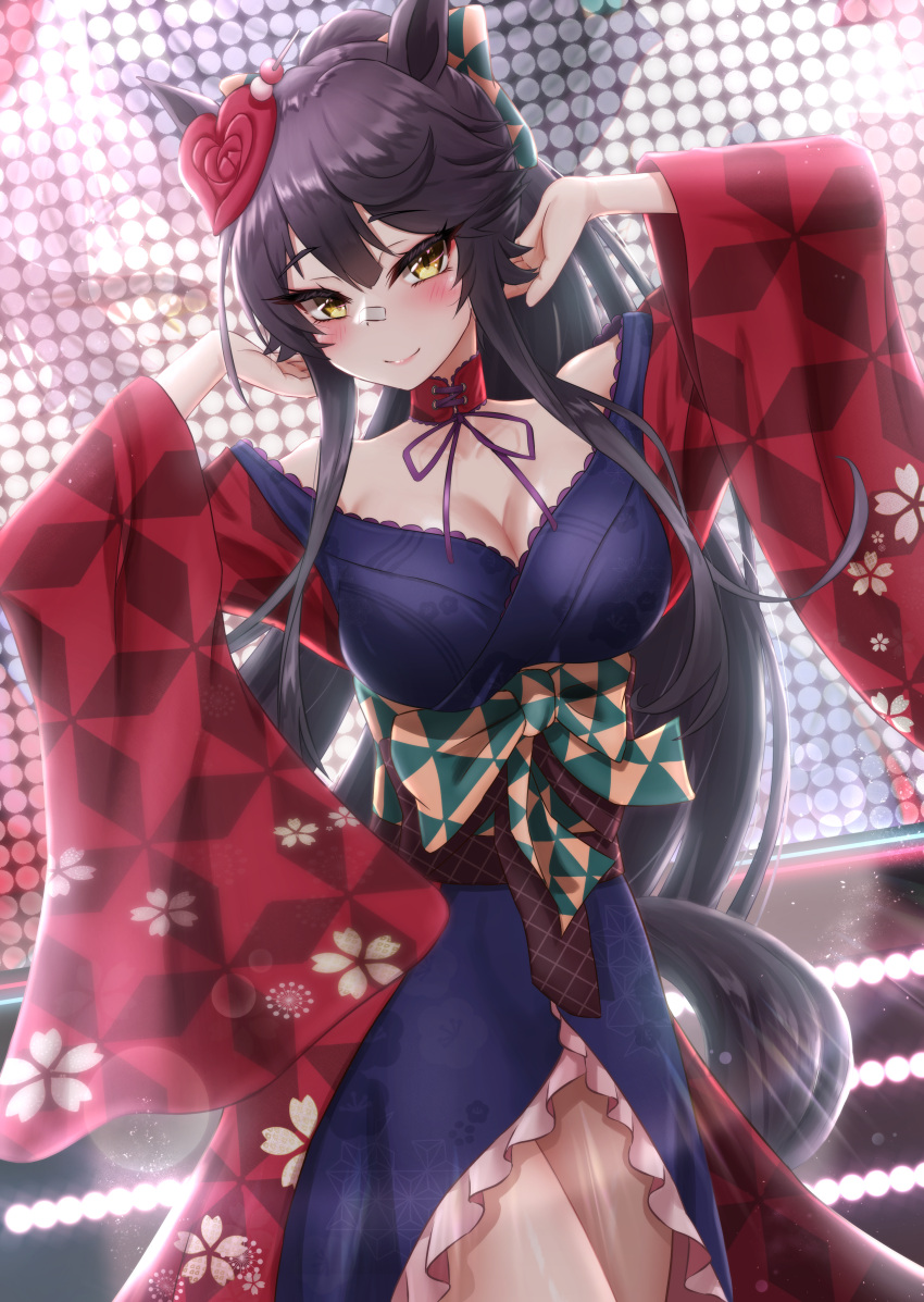 1girl absurdres animal_ears arms_up bandaid bandaid_on_face bandaid_on_nose bare_shoulders black_hair blush breasts choker cleavage commentary_request cosplay cowboy_shot dress ear_ornament hair_net highres horse_ears horse_girl horse_tail japanese_clothes large_breasts long_hair looking_at_viewer narita_brian_(umamusume) ponytail purple_dress red_choker shinonome_(shinonome_rynn) smile solo tail umamusume yellow_eyes yuugiri_(zombie_land_saga) yuugiri_(zombie_land_saga)_(cosplay) zombie_land_saga