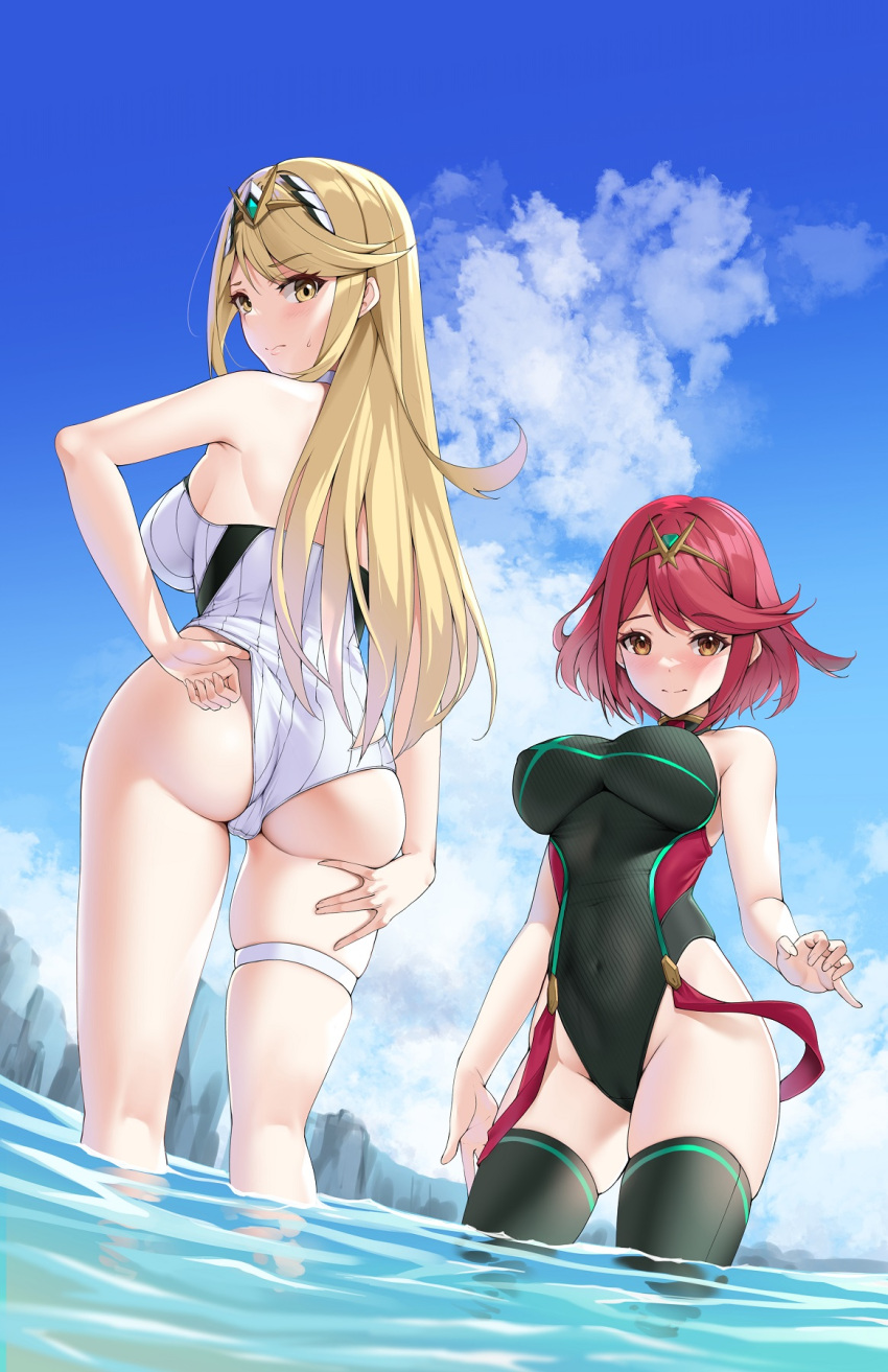 2girls ass bare_arms bare_shoulders black_one-piece_swimsuit black_thighhighs blonde_hair blue_sky blush breasts brown_eyes cliff closed_mouth cloud competition_swimsuit covered_navel day groin headpiece highres impossible_clothes impossible_swimsuit jewelry large_breasts long_hair looking_at_viewer looking_back matrix16 multiple_girls mythra_(radiant_beach)_(xenoblade) mythra_(xenoblade) neon_trim official_alternate_costume one-piece_swimsuit outdoors pyra_(pro_swimmer)_(xenoblade) pyra_(xenoblade) red_hair short_hair sky smile sweat swept_bangs swimsuit thigh_strap thighhighs thighs tiara very_long_hair wading water xenoblade_chronicles_(series) xenoblade_chronicles_2 yellow_eyes