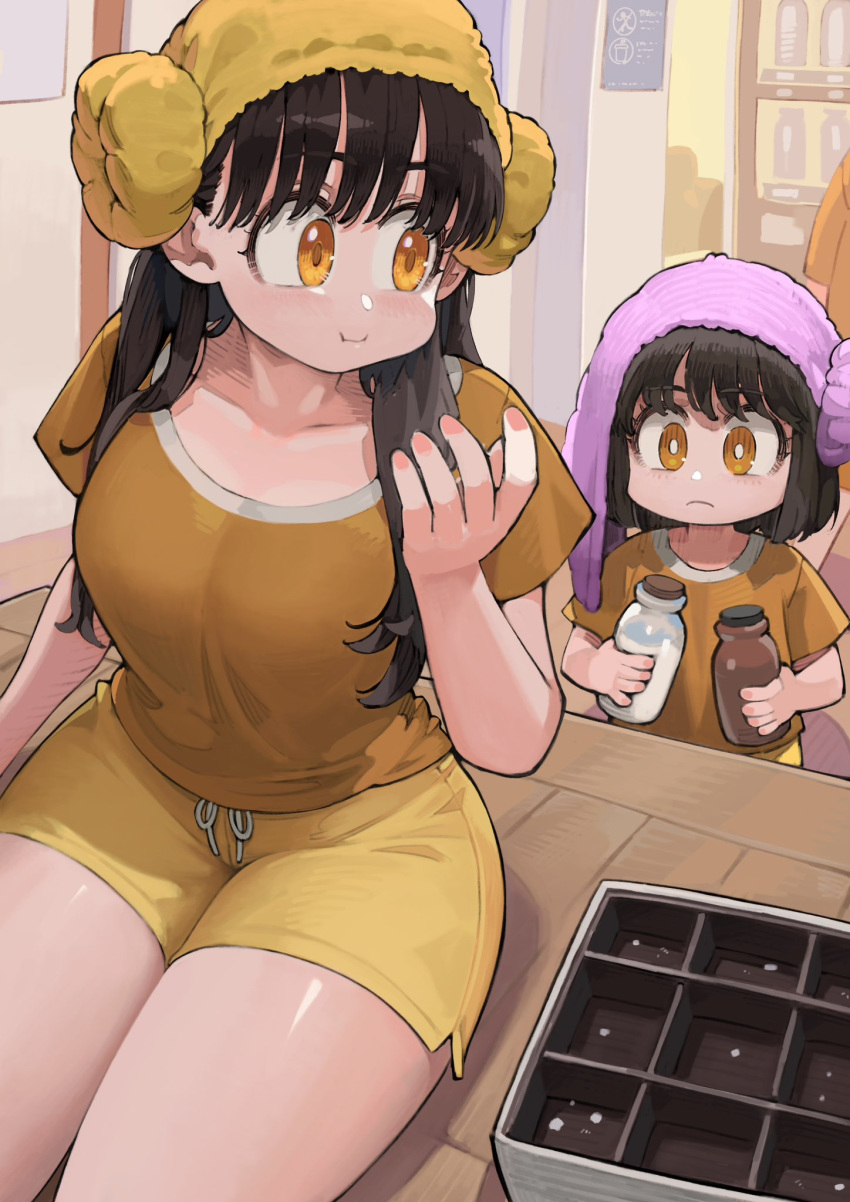 2girls :i big_sister_(navigavi) black_hair bottle breasts brown_eyes brown_footwear brown_shirt closed_mouth collarbone eating food highres holding holding_bottle holding_food indoors jun_(navigavi) little_sister_(navigavi) long_hair medium_breasts milk_bottle multiple_girls nail_polish original pink_nails puffy_cheeks running sandals shirt short_shorts short_sleeves shorts towel towel_on_head vending_machine wooden_floor yellow_shorts