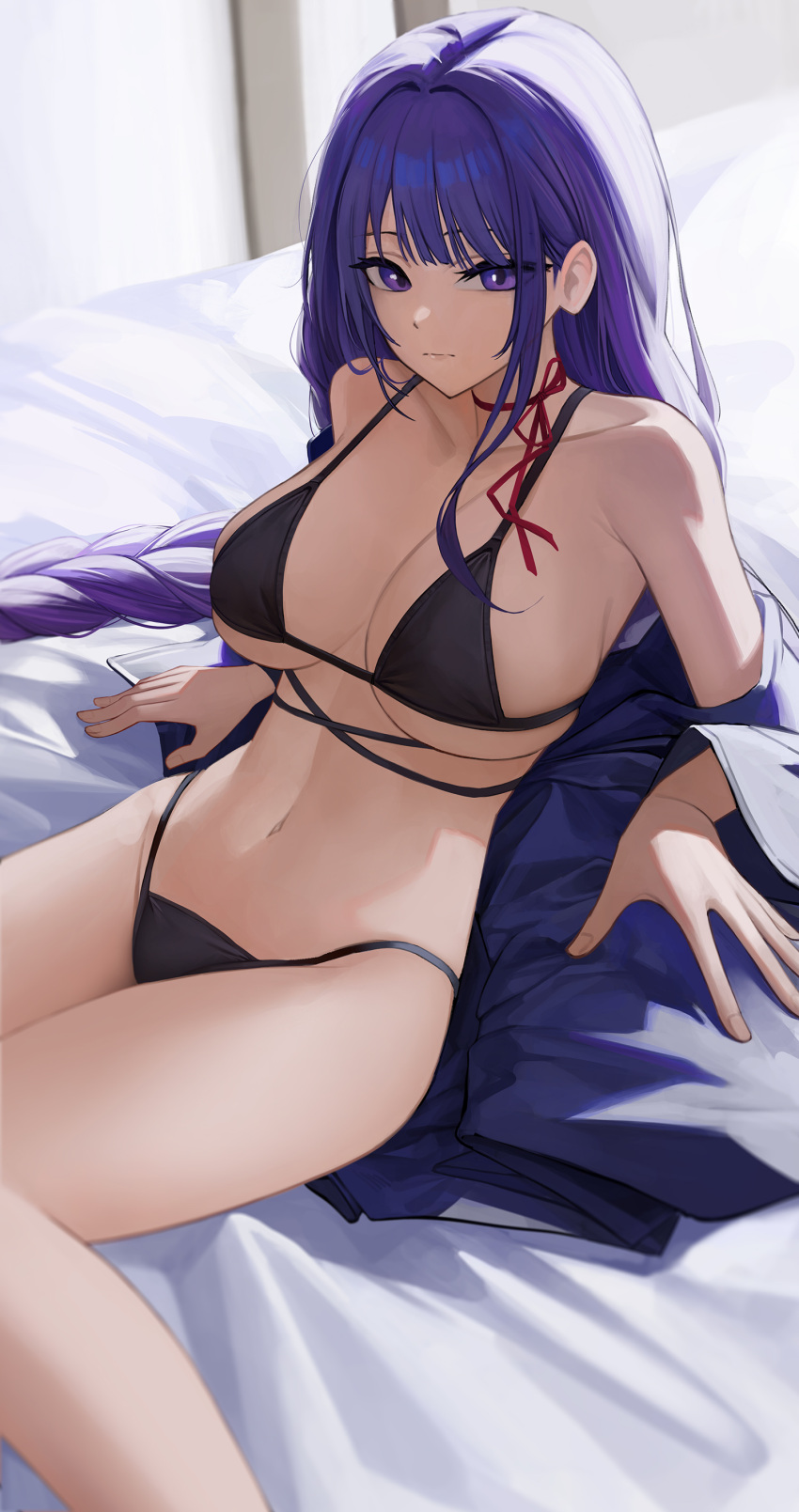 1girl absurdres bikini black_bikini braid braided_ponytail breasts closed_mouth expressionless genshin_impact highres large_breasts leaning_back long_hair looking_at_viewer navel purple_eyes purple_hair raiden_shogun sitting solo starblue stomach swimsuit thighs very_long_hair