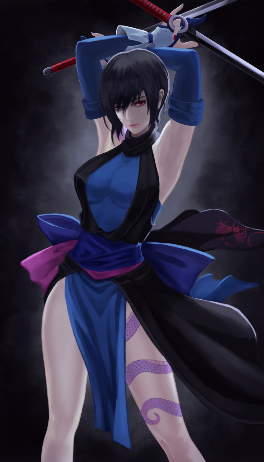 1girl akito1218 armpits arms_up black_hair blue_eyes blue_gloves blue_kimono breasts closed_mouth elbow_gloves gloves heterochromia highres holding holding_sword holding_weapon japanese_clothes kimono leg_tattoo lips looking_at_viewer nail_polish ninja partially_fingerless_gloves red_eyes red_nails samurai_spirits shiki_(samurai_spirits) short_hair short_sword solo sword tantou tattoo weapon
