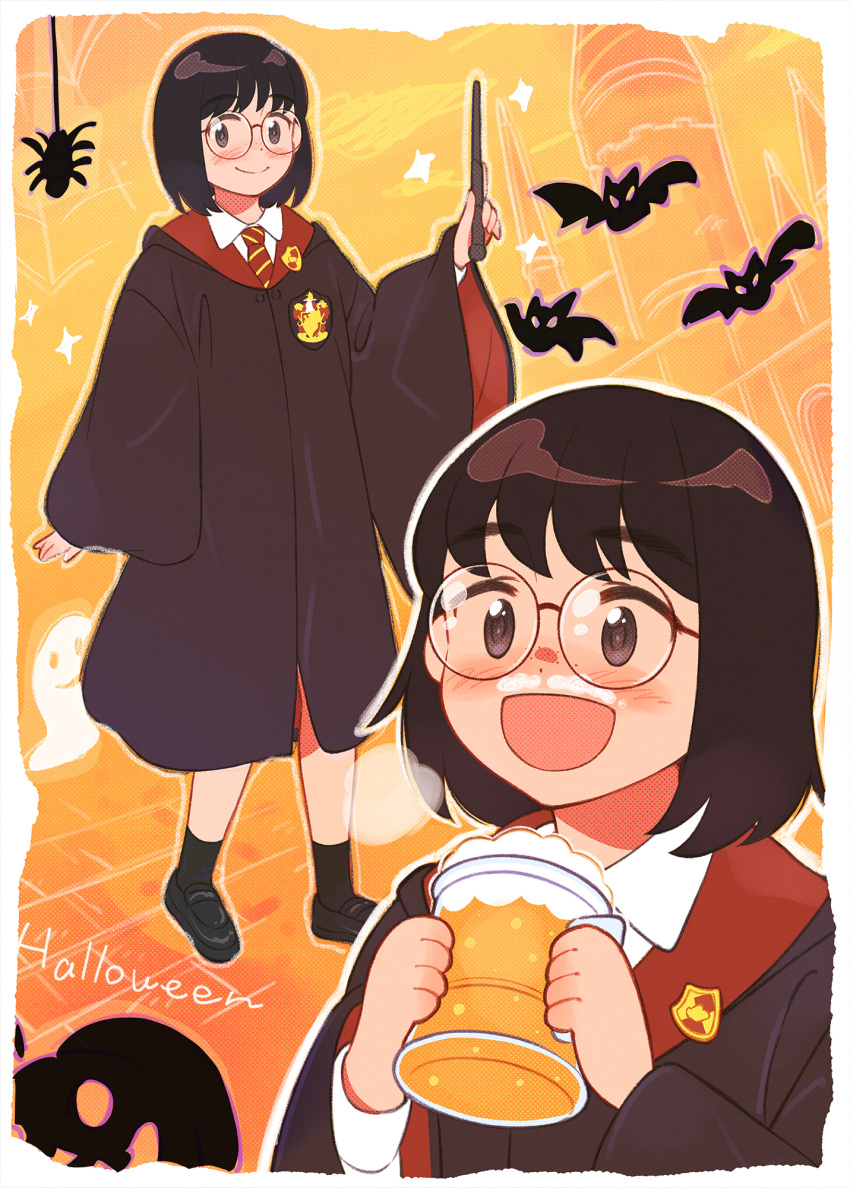 1girl 49s-aragon bat_(animal) black_footwear black_hair blush border bug collared_shirt foam_mustache freckles full_body ghost glasses gryffindor halloween halloween_costume harry_potter_(series) highres hogwarts_school_uniform holding holding_wand jack-o'-lantern jimiko multiple_views necktie open_mouth original outline photoshop_(medium) school_uniform shirt short_hair smile socks sparkle spider standing striped striped_necktie upper_body wand white_outline wide_sleeves wizarding_world