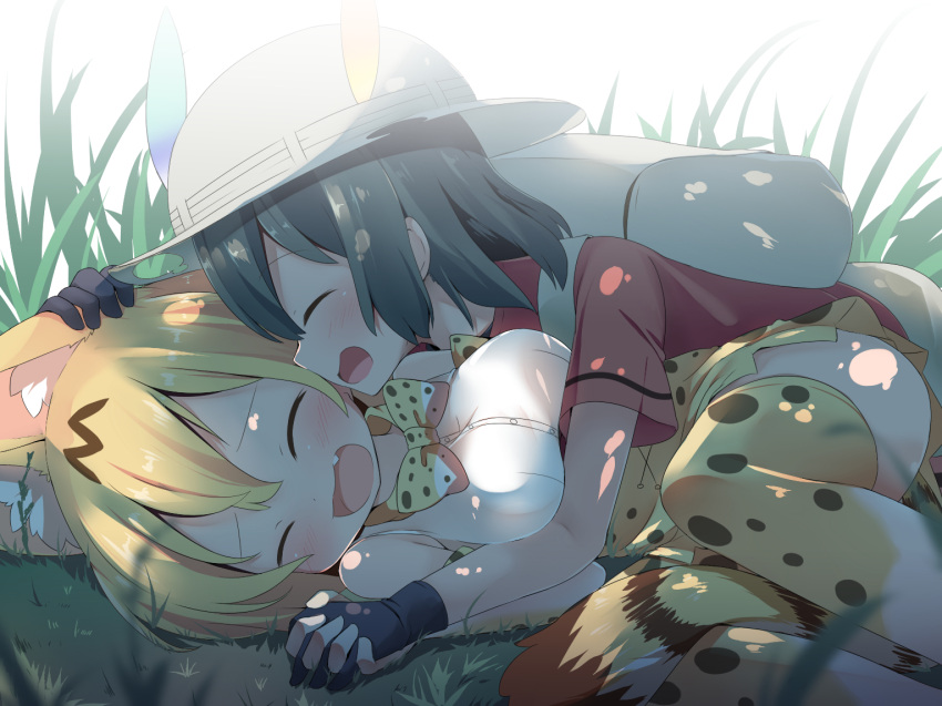 backpack blush bottomwear bow_tie clothing duo embrace feathers felid feline female female/female gloves grass handwear hat headgear headwear hug human kaban-chan kemono_friends makuran mammal plant serval serval-chan skirt tail_under_skirt