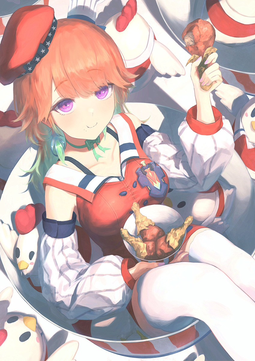 1girl aqua_choker beret bow_choker breasts bucket chicken_wing choker detached_sleeves earrings feather_earrings feathers food gradient_hair green_hair hat highres holding holding_food hololive hololive_english in_bucket in_container jewelry kfp_employee_(takanashi_kiara) large_breasts looking_at_viewer medium_hair multicolored_hair orange_hair orange_headwear orange_shirt purple_eyes shirt smile takanashi_kiara takanashi_kiara_(1st_costume) thighhighs tokaki virtual_youtuber white_sleeves white_thighhighs