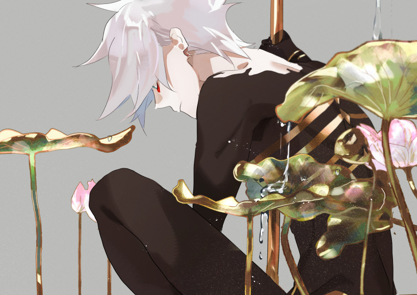 1boy aqua_eyes bishounen colored_skin fate/apocrypha fate/grand_order fate_(series) flower grey_background highres karna_(fate) koroponsu3 long_sleeves lotus lotus_leaf male_focus pale_skin pink_flower red_eyeliner short_hair white_hair white_skin