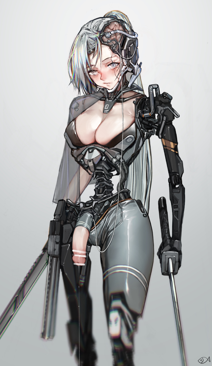 1girl absurdres amputee android bar_censor breasts censored chromatic_aberration cleavage closed_mouth cyborg damaged dual_wielding exposed_brain futanari gradient_background grey_background gun highres holding holstered iuui large_breasts long_hair looking_at_viewer mechanical_parts mechanization mismatched_pupils no_pupils original ponytail solo triple_amputee variant_set weapon white_hair