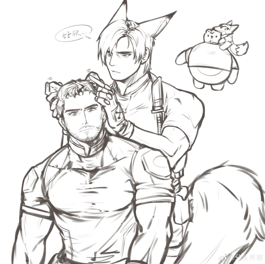 2boys animal_ears bao_(bobobao21) bara bear_ears beard_stubble chris_redfield ear_fondling extra_ears flapping_ears fox_boy fox_ears fox_tail greyscale highres kemonomimi_mode large_pectorals leon_s._kennedy male_focus mature_male merchandise monochrome motion_lines multiple_boys muscular muscular_male mustache_stubble parody pectorals pip_the_bear resident_evil short_hair sketch stuffed_animal stuffed_toy tail teddy_bear translation_request yaoi