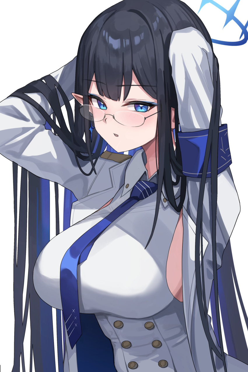 1girl arms_behind_head arms_up asashin_(asn) black_hair blue_archive blue_eyes blue_eyeshadow blue_hair blue_halo blunt_bangs breasts collared_dress colored_inner_hair commentary double-parted_bangs dress eyeshadow glasses hair_between_eyes halo highres jacket large_breasts light_blush long_hair looking_at_viewer makeup multicolored_hair open_clothes open_jacket open_mouth pointy_ears rin_(blue_archive) simple_background sleeveless sleeveless_dress solo two-tone_hair upper_body very_long_hair white_background white_dress white_jacket