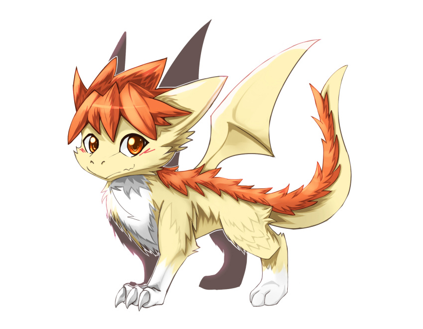 ambiguous_gender back_tuft blush cheek_tuft chest_tuft dragon facial_tuft feral full-length_portrait fur furred_dragon hair hi_res kuttoyaki leg_markings leg_tuft looking_at_viewer markings membrane_(anatomy) membranous_wings mouth_closed orange_body orange_eyes orange_fur orange_hair portrait side_view simple_background socks_(marking) solo tuft white_background white_body white_fur wings yellow_body yellow_fur yellow_wings