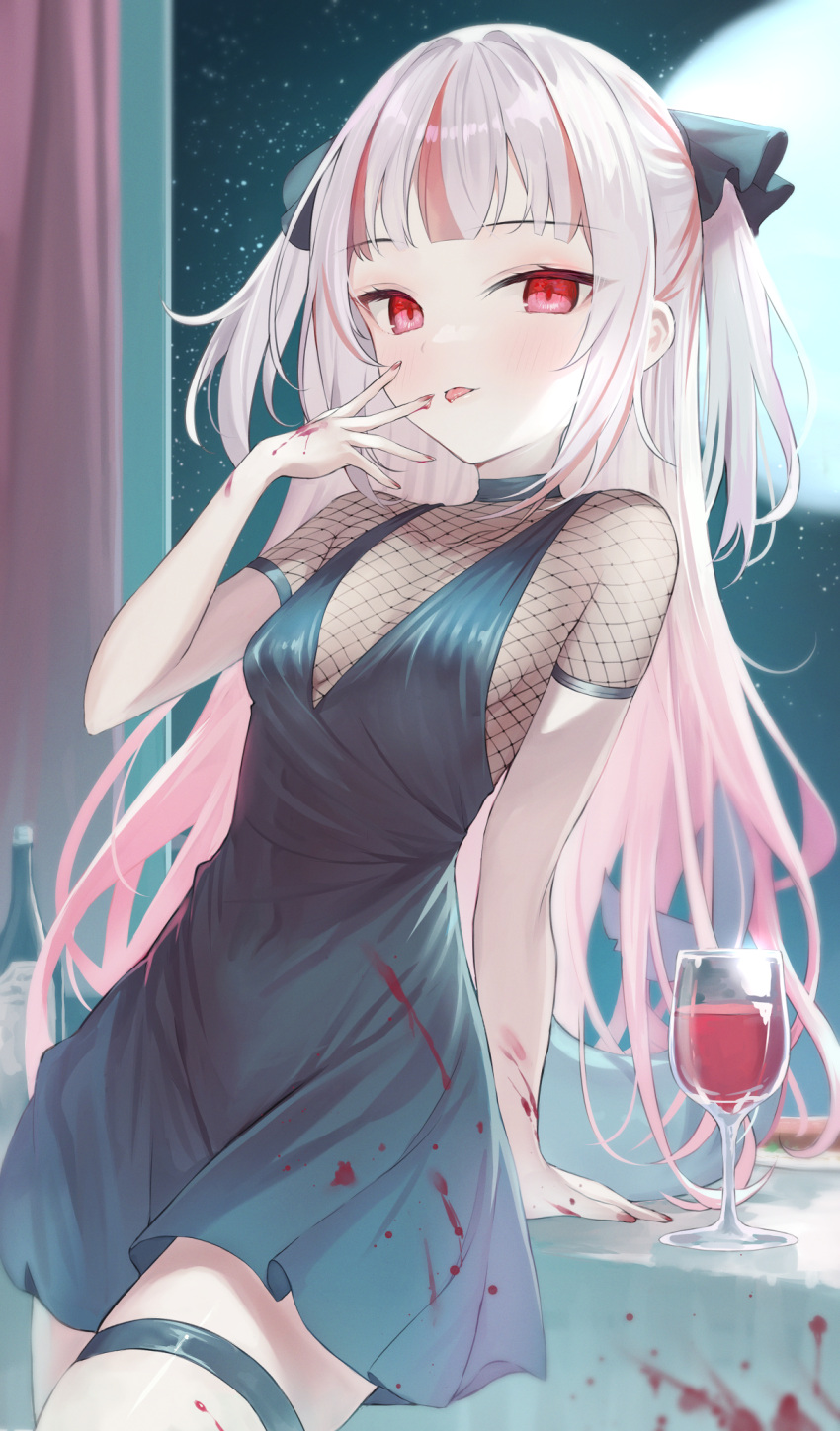 1girl alcohol arm_support black_dress black_ribbon blood blood_on_clothes blood_stain blunt_bangs bottle breasts commentary_request cup dress drinking_glass fingernails fins fish_tail fishnet_thighhighs fishnets gawr_gura grey_hair hair_ribbon highres hololive hololive_english light_blush long_hair looking_at_viewer moon multicolored_hair nail_polish night red_eyes red_hair red_nails red_wine reflect_(gawr_gura) ribbon shark_girl shark_tail sidelocks small_breasts solo star_(sky) streaked_hair tail takumi11 thigh_strap thighhighs tongue tongue_out virtual_youtuber window wine wine_bottle wine_glass