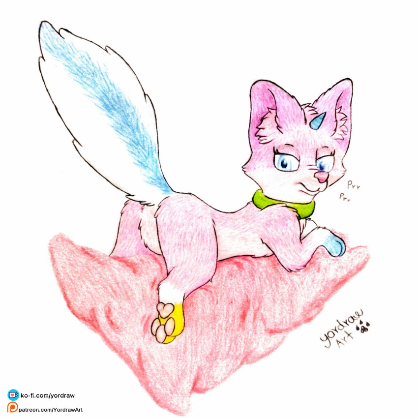 butt collar cute_expression cute_eyes felid feline female feral hi_res mammal pawpads paws purring raised_tail smile smiling_at_viewer solo tail the_lego_movie unikitty unikitty! yordraw