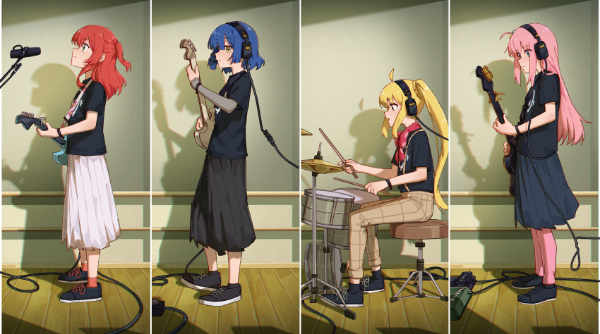 4girls absurdres ahoge bass_guitar black_footwear black_shirt black_skirt blonde_hair blue_eyes blue_hair bocchi_the_rock! brown_pants commentary drum drum_set electric_guitar english_commentary gotoh_hitori green_eyes guitar headphones highres ijichi_nijika instrument jl_tan kita_ikuyo long_hair microphone mole mole_under_eye multiple_girls music pants pants_under_skirt pink_hair pink_pants playing_instrument red_hair shirt short_hair side_ponytail sitting skirt standing t-shirt textless_version white_skirt yamada_ryo yellow_eyes