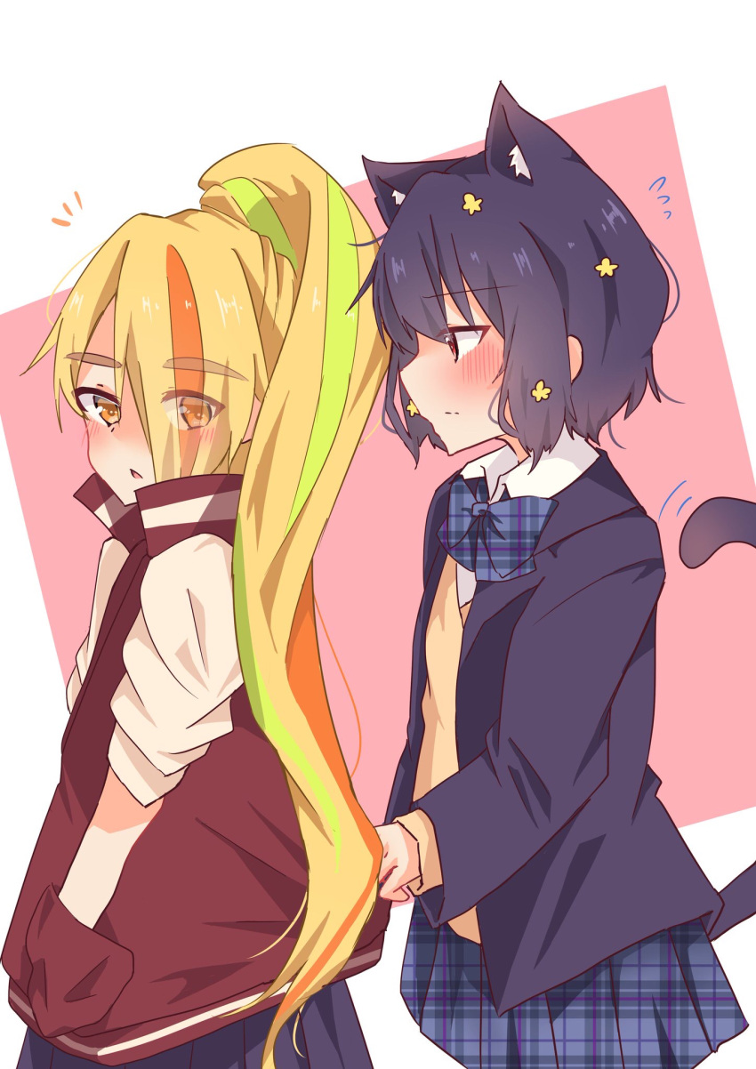 2girls animal_ears blonde_hair blush bow bowtie brown_eyes cardigan cat_ears cat_girl cat_tail closed_mouth collared_shirt commentary_request eyes_visible_through_hair hair_over_one_eye high_ponytail highres kemonomimi_mode long_hair looking_at_another mizuno_ai multicolored_hair multiple_girls nikaidou_saki open_mouth orange_hair plaid plaid_skirt pleated_skirt school_uniform shirt short_hair simple_background skirt streaked_hair sweater_vest tail yellow_sweater_vest yukineko_(hrt07121030) yuri zombie_land_saga