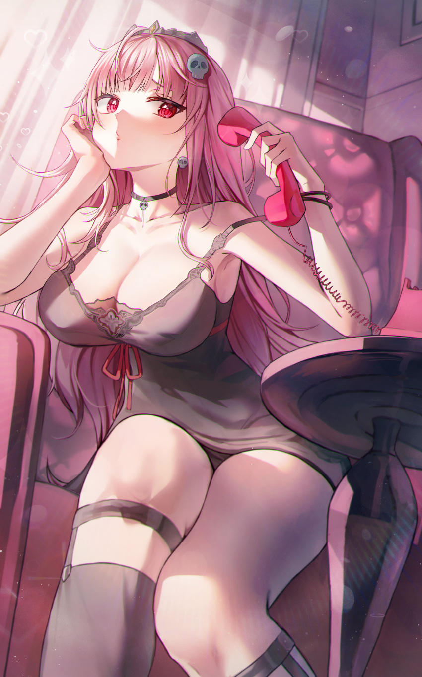 1girl absurdres black_choker black_nightgown black_thighhighs breasts choker cleavage covered_nipples earrings hair_ornament han_seol head_rest highres holding holding_phone hololive hololive_english jewelry large_breasts long_hair looking_at_viewer messy_hair mori_calliope mori_calliope_(6th_costume) nightgown phone pink_hair red_eyes single_earring skull_earrings skull_hair_ornament solo thighhighs virtual_youtuber