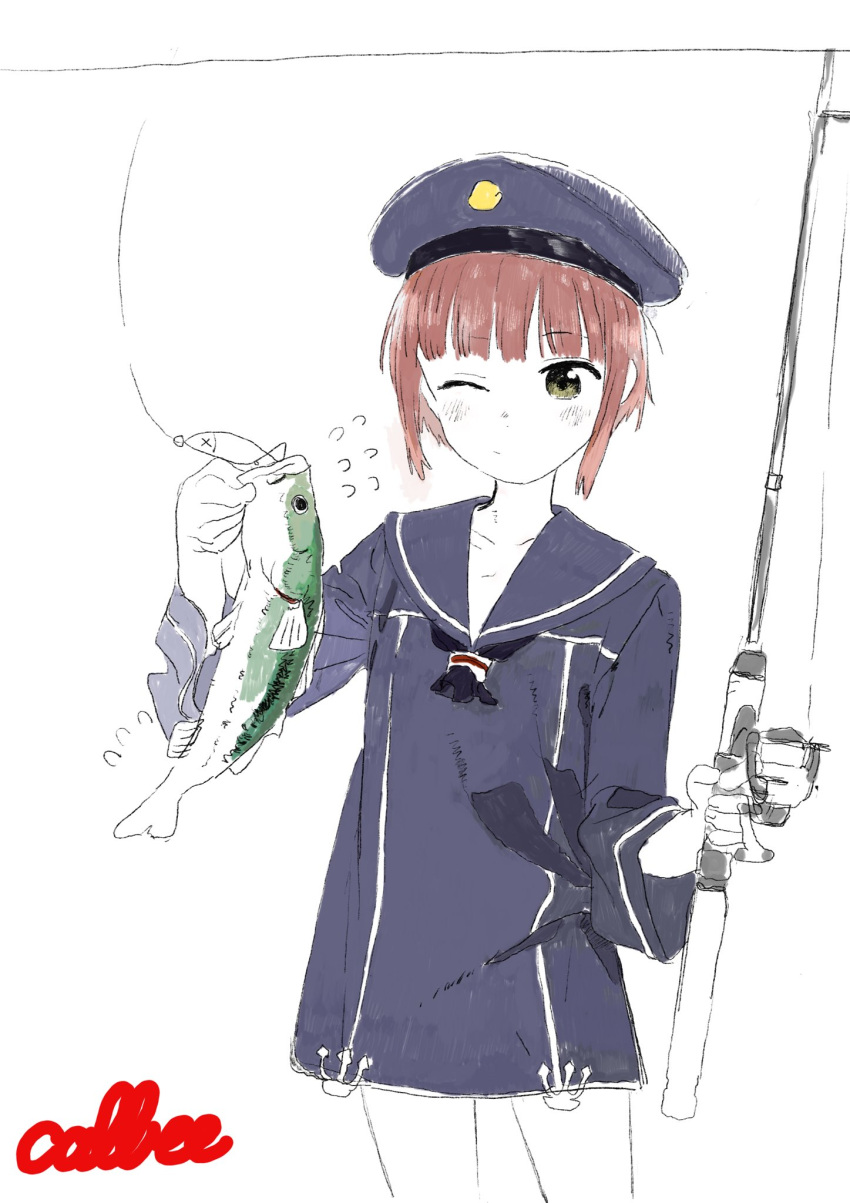 1girl :/ animal bangs bass_(fish) black_dress black_neckerchief blunt_bangs blush brown_hair closed_mouth collarbone cowboy_shot dress e_eel fish fishing_rod hand_up hat highres holding holding_animal holding_fish holding_fishing_rod kantai_collection long_sleeves looking_at_animal neckerchief one_eye_closed partially_colored sailor_dress sailor_hat short_dress short_hair sidelocks solo yellow_eyes z3_max_schultz_(kancolle)