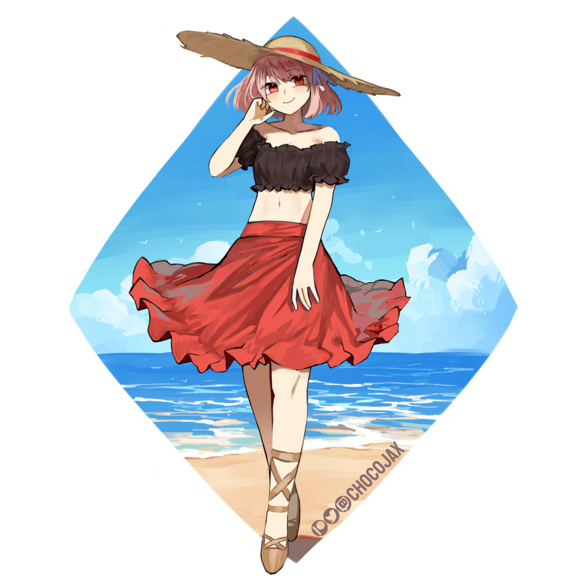1girl alternate_costume bare_shoulders black_shirt blue_sky chocojax cloud commentary crop_top day fire_emblem fire_emblem_engage full_body hair_ribbon hat head_tilt highres lapis_(fire_emblem) looking_at_viewer midriff navel off-shoulder_shirt off_shoulder pink_eyes pink_hair red_skirt ribbon shirt short_hair short_sleeves skirt sky smile solo standing stomach sun_hat