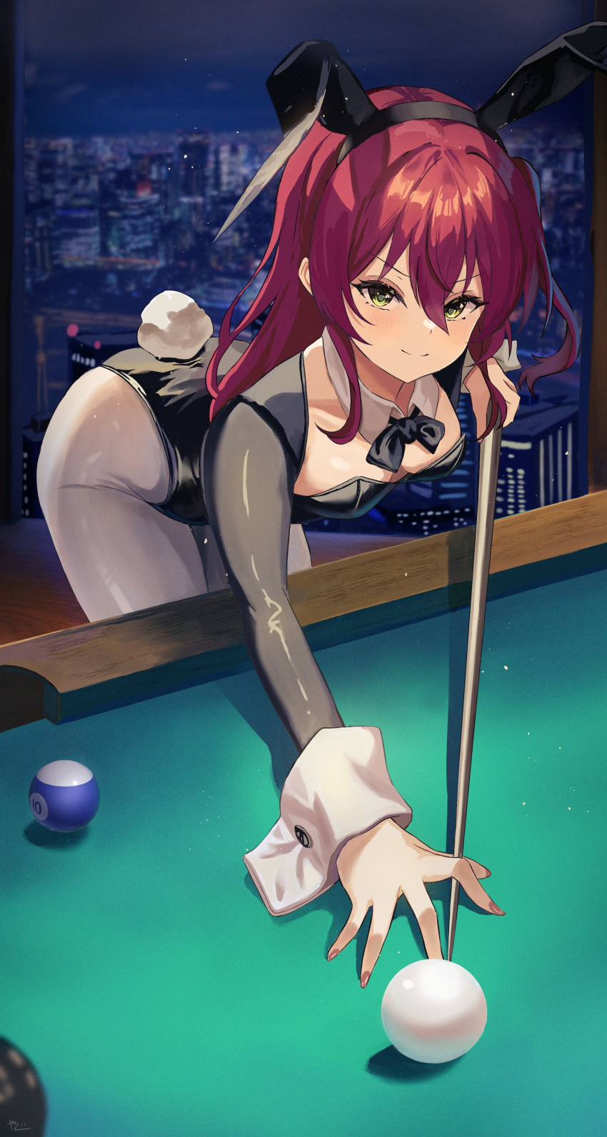 1girl absurdres alternate_costume animal_ears ball billiard_ball billiards black_leotard blush bocchi_the_rock! breasts detached_collar fake_animal_ears highleg highres holding_cue_stick kita_ikuyo leotard looking_at_viewer playboy_bunny rabbit_ears rabbit_tail red_hair side_ponytail small_breasts solo solo_focus tail yato_(yama0x1)