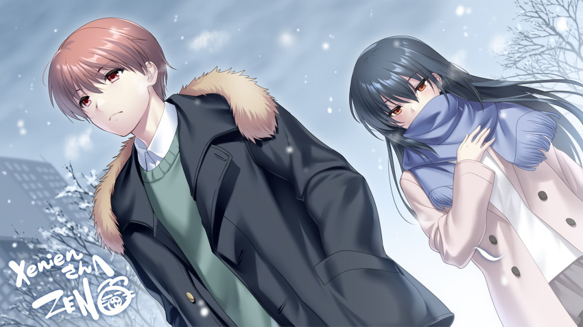 1boy 1girl angel_beats! black_coat black_hair blue_scarf brown_hair casual closed_mouth cloud cloudy_sky coat commentary commission dutch_angle english_commentary eyelashes eyes_visible_through_hair floating_hair frown fur-trimmed_coat fur_trim game_cg hair_between_eyes hand_in_pocket hand_up highres light_blush long_hair looking_afar looking_down open_clothes open_coat orange_eyes otonashi_yuzuru outdoors paid_reward_available red_eyes scarf second-party_source shiina_(angel_beats!) short_hair signature skeb_commission sky snowing standing visible_air winter yellow_coat zen_(kamuro)