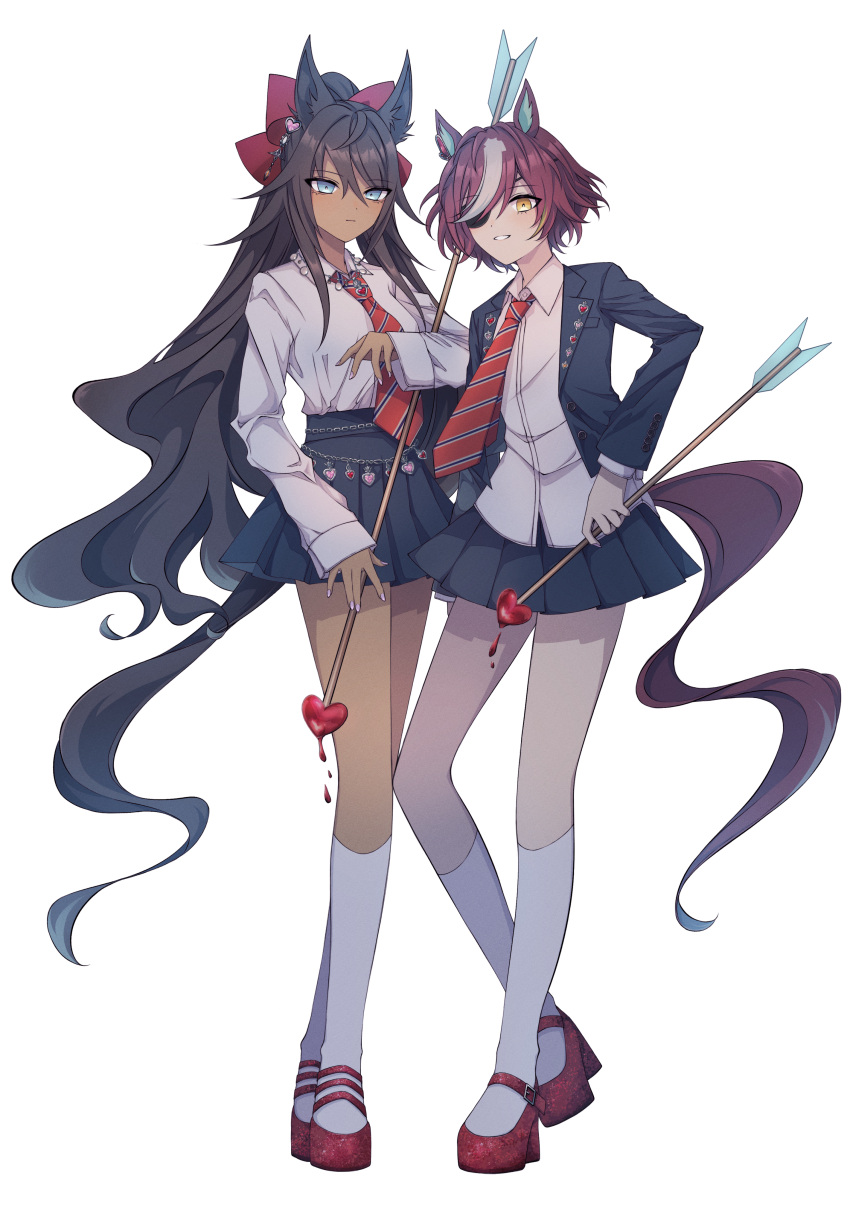 2girls absurdres animal_ears arrow_(projectile) black_jacket black_skirt blue_eyes bow breasts brown_hair closed_mouth collared_shirt dark-skinned_female dark_skin diagonal-striped_necktie dress_shirt dripping eyepatch flower grey_hair hair_between_eyes hair_bow hair_over_one_eye heart heart_arrow highres holding holding_arrow horse_ears horse_girl horse_tail jacket long_hair looking_at_viewer multicolored_hair multiple_girls necktie open_clothes open_jacket orange_eyes pleated_skirt ponytail red_bow red_flower red_necktie school_uniform shirt shoes short_hair simple_background skirt small_breasts smile socks streaked_hair symboli_kris_s_(umamusume) tail tanino_gimlet_(umamusume) toriumi_(fioripera14) umamusume very_long_hair white_background white_shirt white_socks