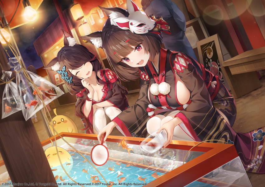 2girls 3others acco_(sh_in) animal_ear_fluff animal_ears azur_lane bag bagged_fish black_hair black_kimono blue_butterfly blunt_bangs blush breasts bug butterfly butterfly_hair_ornament cat_ears cat_girl cleavage closed_eyes commentary_request copyright copyright_name fang festival fish fox_mask fusou_(azur_lane) goldfish_scooping hair_ornament highres holding japanese_clothes kimono large_breasts long_hair long_sleeves manjuu_(azur_lane) mask mask_on_head multiple_girls multiple_others night official_art outdoors poi_(goldfish_scoop) pom_pom_(clothes) red_eyes short_hair sideboob skin_fang smile squatting thighhighs white_thighhighs wide_sleeves yamashiro_(azur_lane)