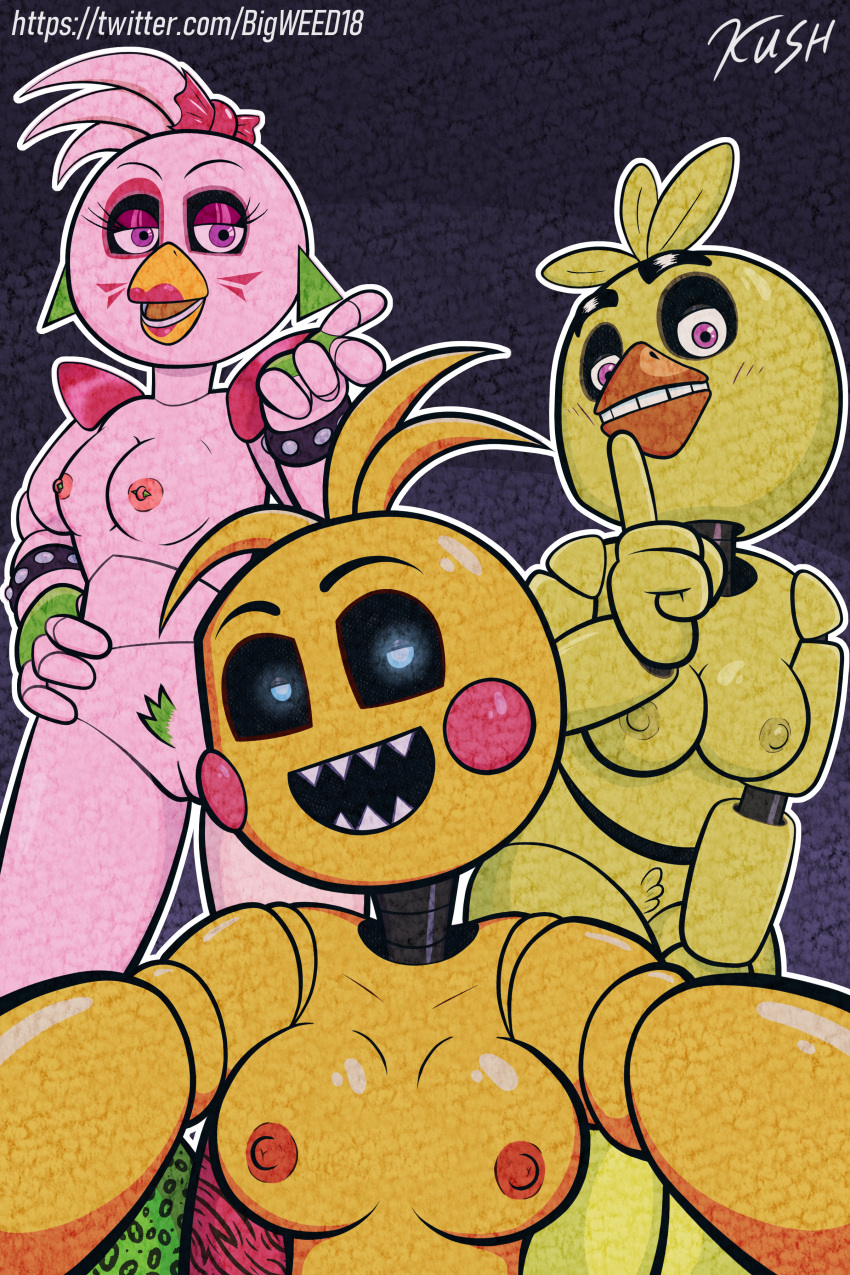 2:3 absurd_res animatronic avian bird blue_eyes blush breasts chica_(fnaf) chicken dyed_pubes feathers female five_nights_at_freddy's five_nights_at_freddy's:_security_breach five_nights_at_freddy's_2 galliform gallus_(genus) glamrock_chica_(fnaf) group hi_res humanoid kushy_wushy machine narrowed_eyes nipple_piercing nipples phasianid piercing robot scottgames slightly_chubby small_breasts steel_wool_studios text toy_chica_(fnaf) trio url