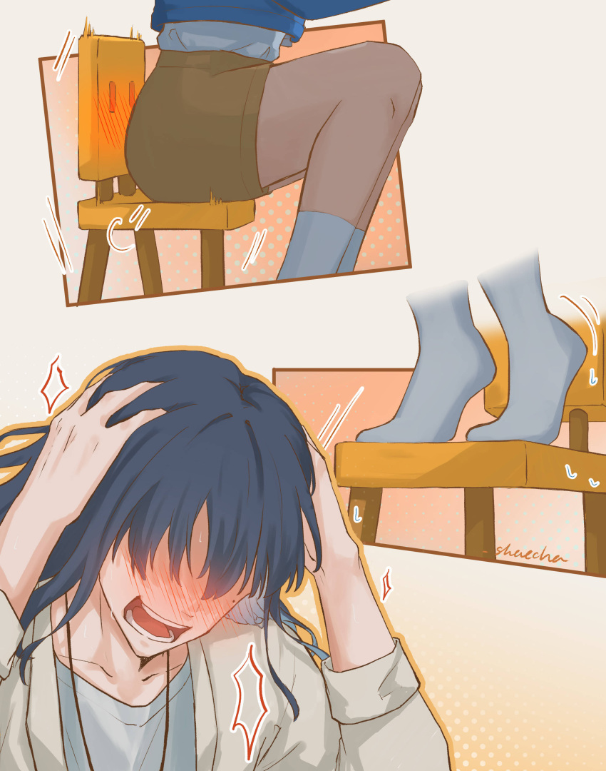 1boy 1girl absurdres artist_name black_hair blue_jacket blush brown_shorts chair close-up collarbone commentary english_commentary faceless faceless_male feet hands_on_own_head highres iwato_suzume jacket jewelry knees legs long_hair mole mole_under_eye motion_lines multiple_views munakata_souta necklace on_chair open_mouth shaecha27 shirt shorts sitting sitting_on_object socks standing standing_on_chair suzume_no_tojimari sweat teeth twitching white_jacket white_shirt white_socks