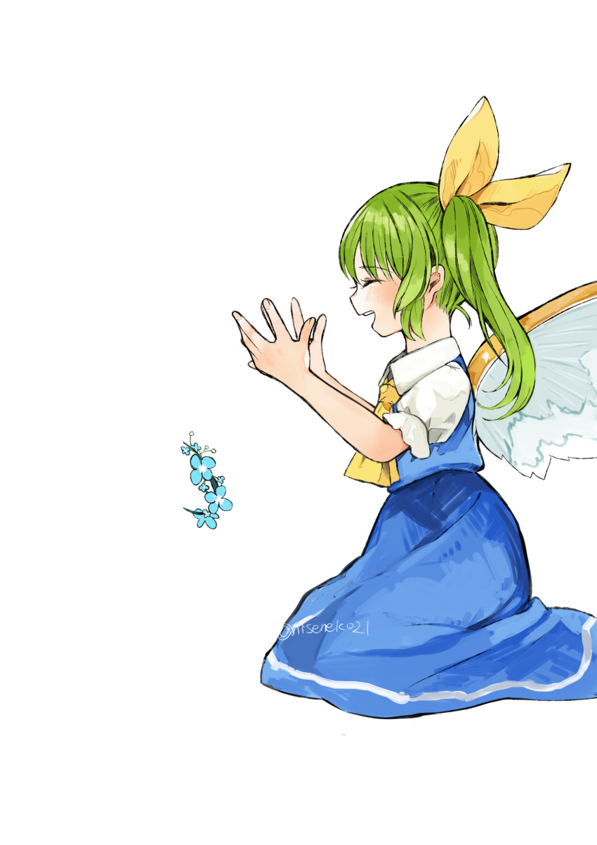 1girl absurdres ascot blue_flower blue_skirt blue_vest blush closed_eyes collared_shirt daiyousei fairy fairy_wings flower green_hair highres long_hair niseneko_(mofumofu_ga_ienai) open_mouth puffy_short_sleeves puffy_sleeves shirt short_sleeves side_ponytail simple_background skirt smile solo touhou twitter_username vest white_background white_shirt wings yellow_ascot