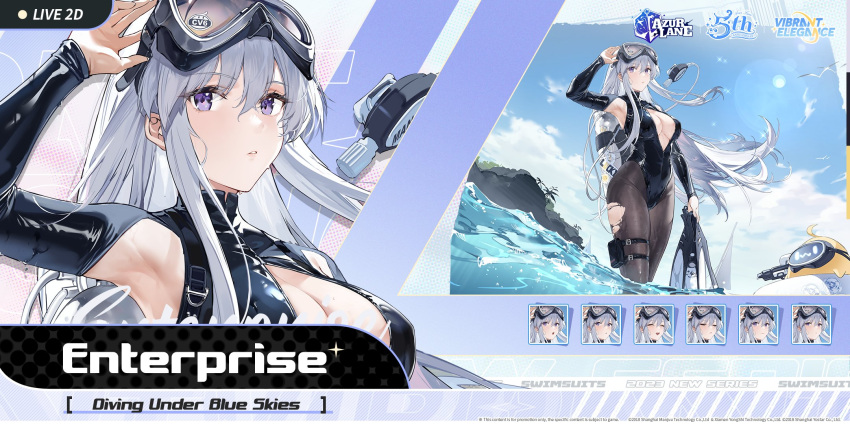 1girl artist_request azur_lane black_pantyhose black_wetsuit bodysuit breasts center_opening character_name diving_mask diving_suit english_commentary enterprise_(azur_lane) enterprise_(diving_under_blue_skies)_(azur_lane) expressions goggles highres large_breasts manjuu_(azur_lane) official_alternate_costume official_art pantyhose promotional_art purple_eyes scuba scuba_tank second-party_source solo torn_clothes torn_pantyhose water wetsuit