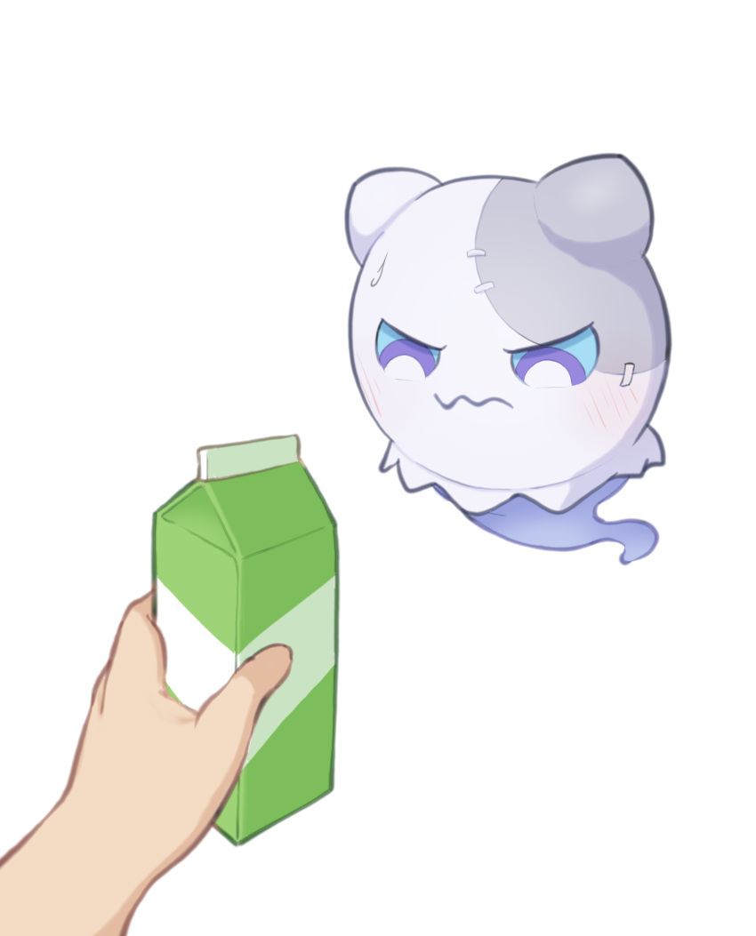 absurd_res ambiguous_gender blush bodily_fluids ghost hi_res holding_object human looking_at_object mammal milk_carton simple_background spirit sweat white_background white_body wubbaboo_(honkai:_star_rail) ziterbo