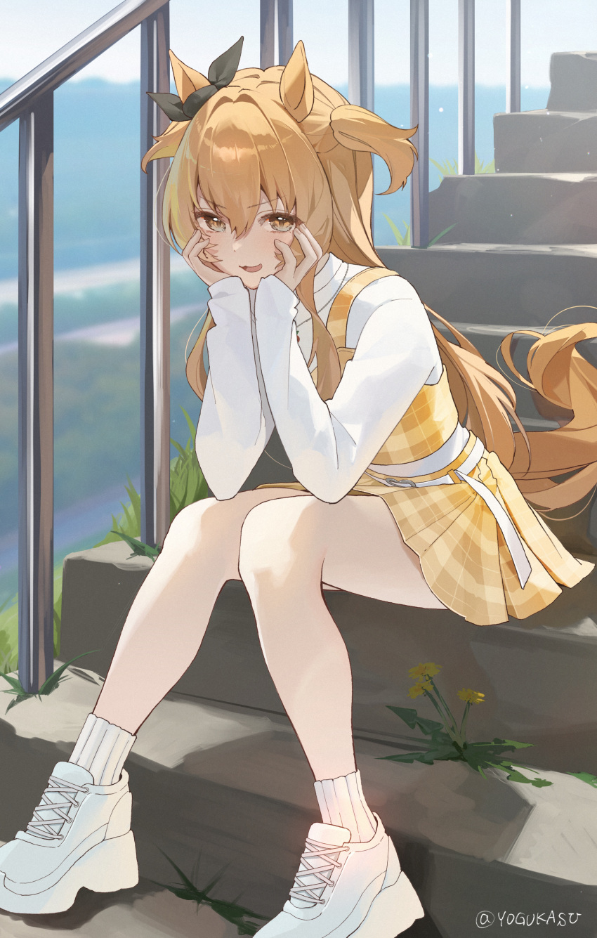 1girl :3 absurdres animal_ears artist_name blonde_hair brown_eyes commentary_request elbows_on_knees full_body hands_on_own_cheeks hands_on_own_face highres horse_ears horse_girl jewelry leaning_forward long_hair long_sleeves looking_at_viewer mayano_top_gun_(umamusume) necklace open_mouth outdoors partial_commentary plaid plaid_skirt plaid_vest shirt shoes sitting skirt smile sneakers socks solo stairs twitter_username two_side_up umamusume vest watermark white_footwear white_shirt white_socks yellow_skirt yellow_vest yogukasu