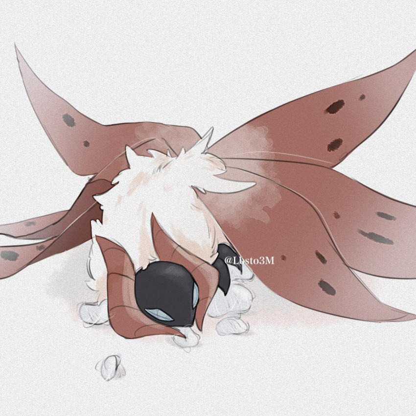 +_+ animal_focus commentary_request grey_eyes highres horns lbsto3m lying no_humans pokemon pokemon_(creature) solo twitter_username volcarona watermark white_fur