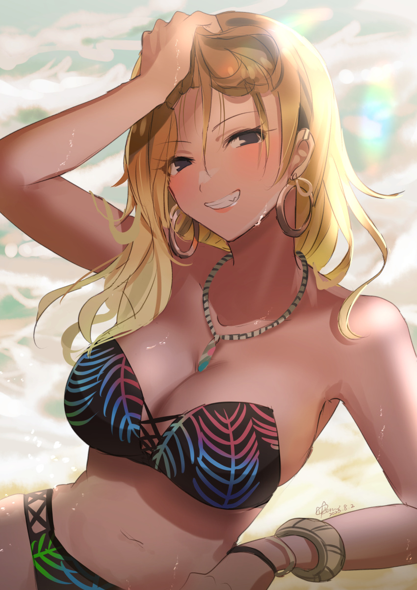 1girl absurdres bikini black_bikini blush bracelet breasts brown_hair cleavage dark-skinned_female dark_skin gradient_hair grin highres idolmaster idolmaster_shiny_colors izumi_mei jewelry kevn large_breasts leaf_print light_brown_hair looking_at_viewer multicolored_hair palm_leaf smile solo strapless strapless_bikini swimsuit