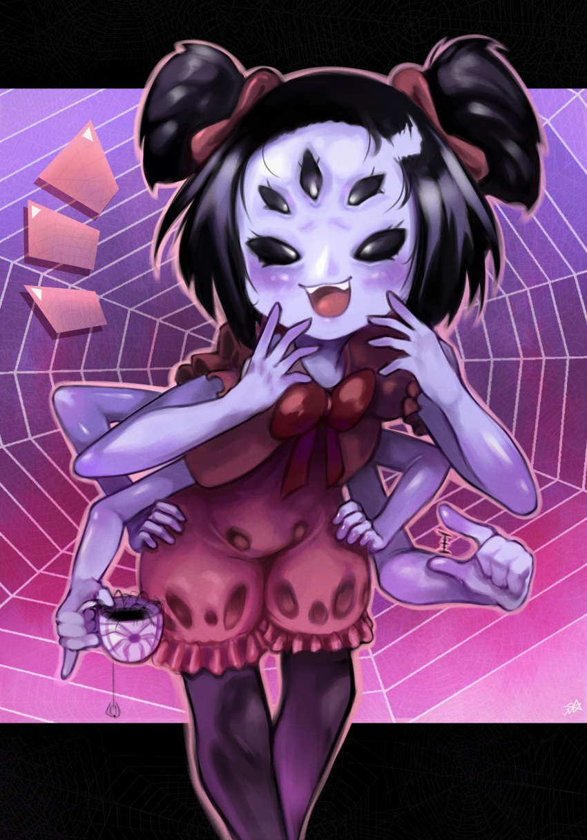 1girl absurdres arthropod_girl black_hair bow bowtie colored_skin cup extra_arms extra_eyes fangs hair_bow hands_on_own_hips hands_up highres looking_at_viewer monster_girl muffet notice_lines onimiere open_mouth purple_skin red_bow red_bowtie short_hair silk smile solo spider_girl spider_web teacup two_side_up undertale