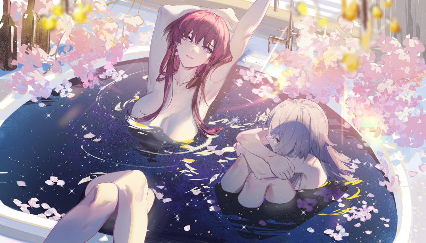 2girls absurdres armpits arms_up bare_shoulders breasts cherry crossed_legs fetal_position flower food fruit grey_hair highres honkai:_star_rail honkai_(series) kafka_(honkai:_star_rail) long_hair medium_breasts multiple_girls partially_submerged rafaelaaa shared_bathing sidelocks stelle_(honkai:_star_rail) trailblazer_(honkai:_star_rail)